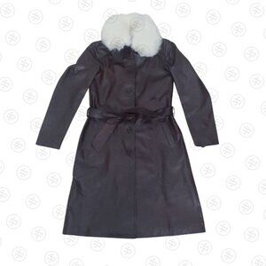 Boose Belted Shearling Brown Trench Leather Coat with Removable Fur Collar